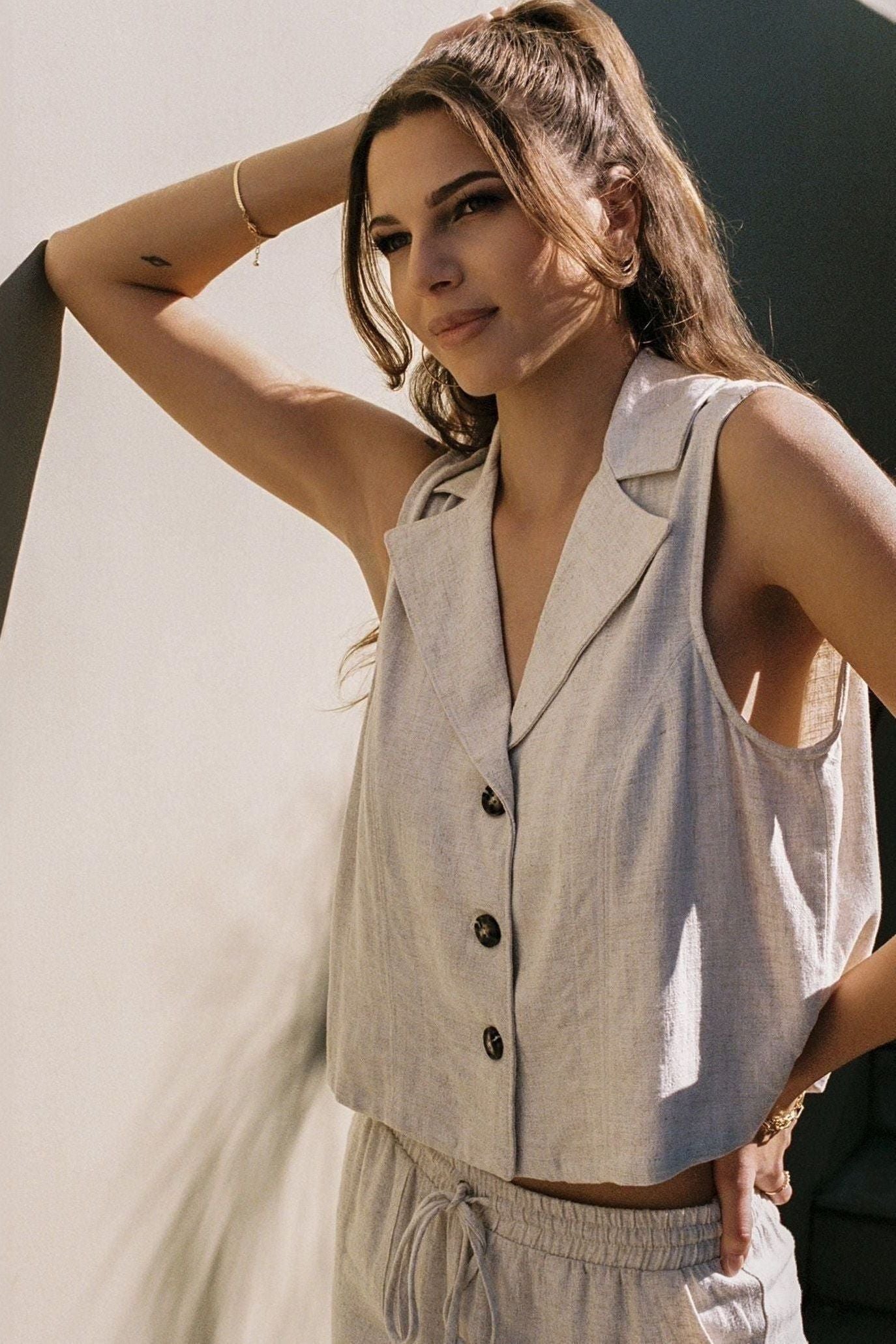 Kyla Linen Khaki Sleeveless Vest | Swank Boutique