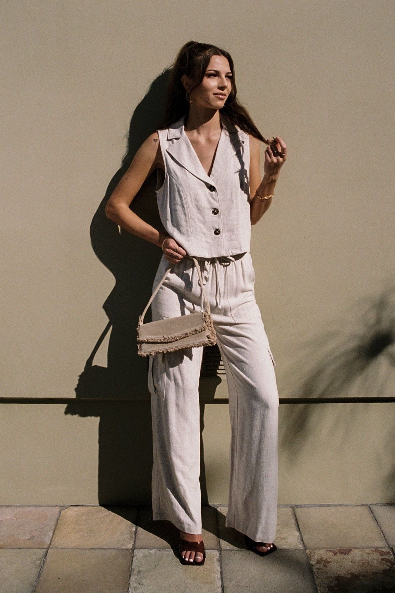 Kyla Linen Khaki Sleeveless Vest | Swank Boutique