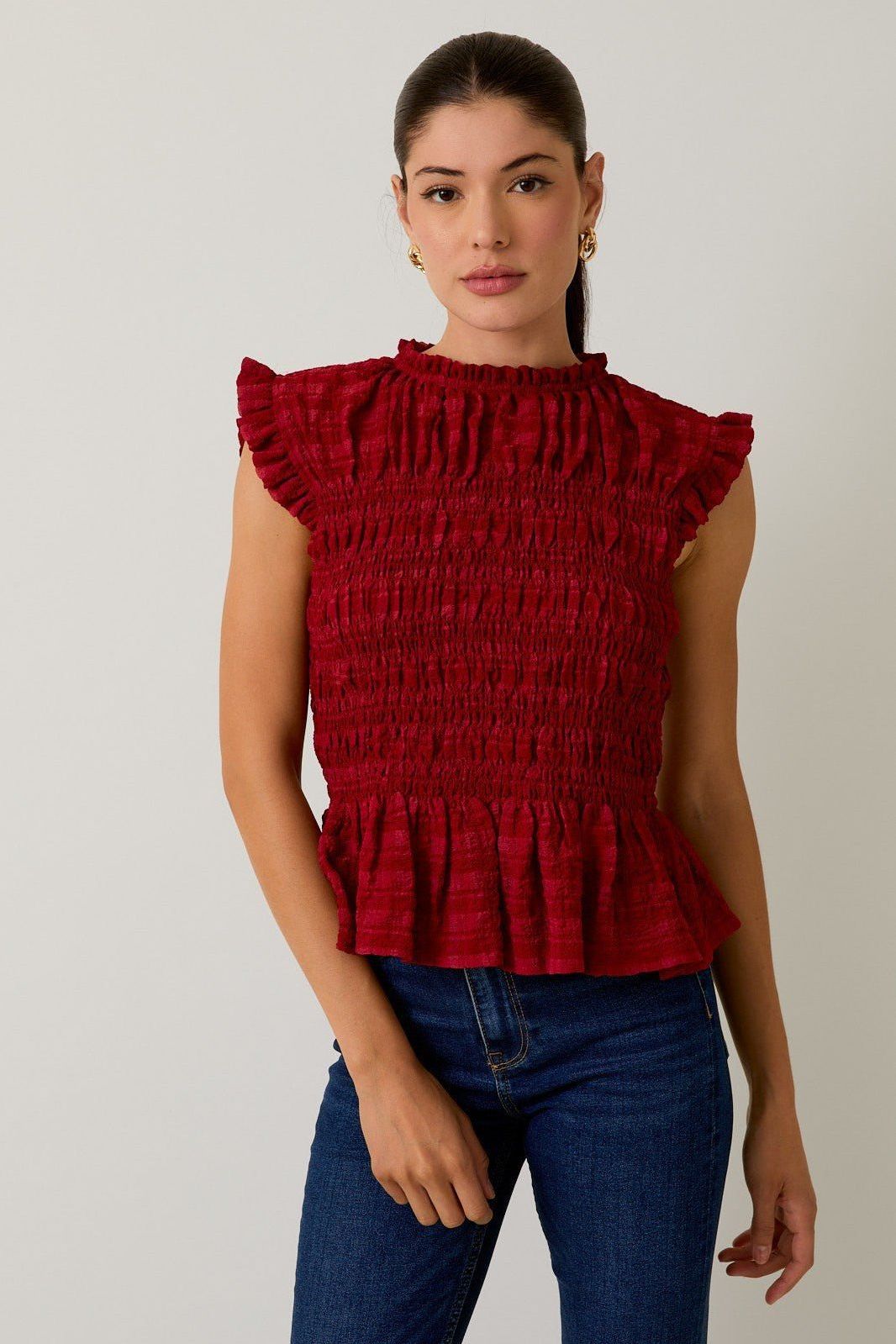 Sleeveless Ruffle Neck Smocked Top | Swank Boutique