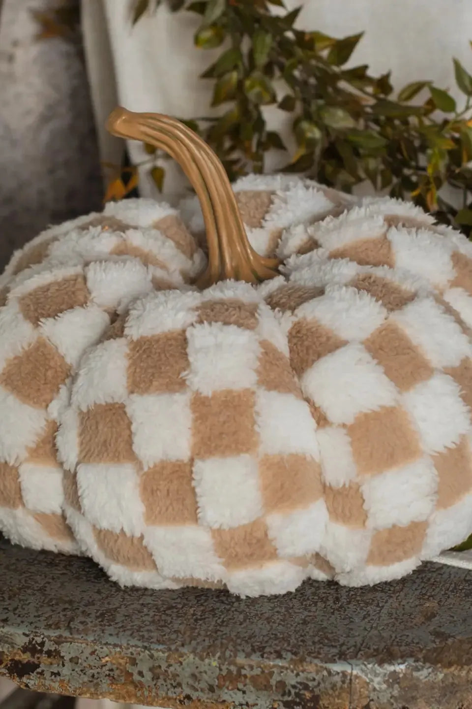Brown & Cream Checkered Pumpkin | Swank Boutique