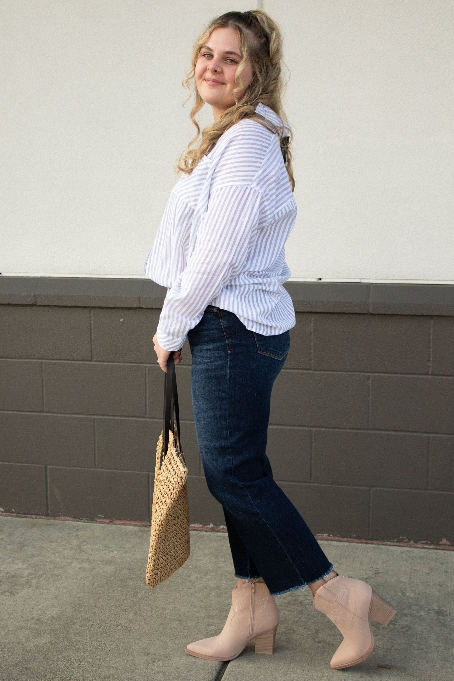 Grey Striped Button Down Shirt | Swank Boutique