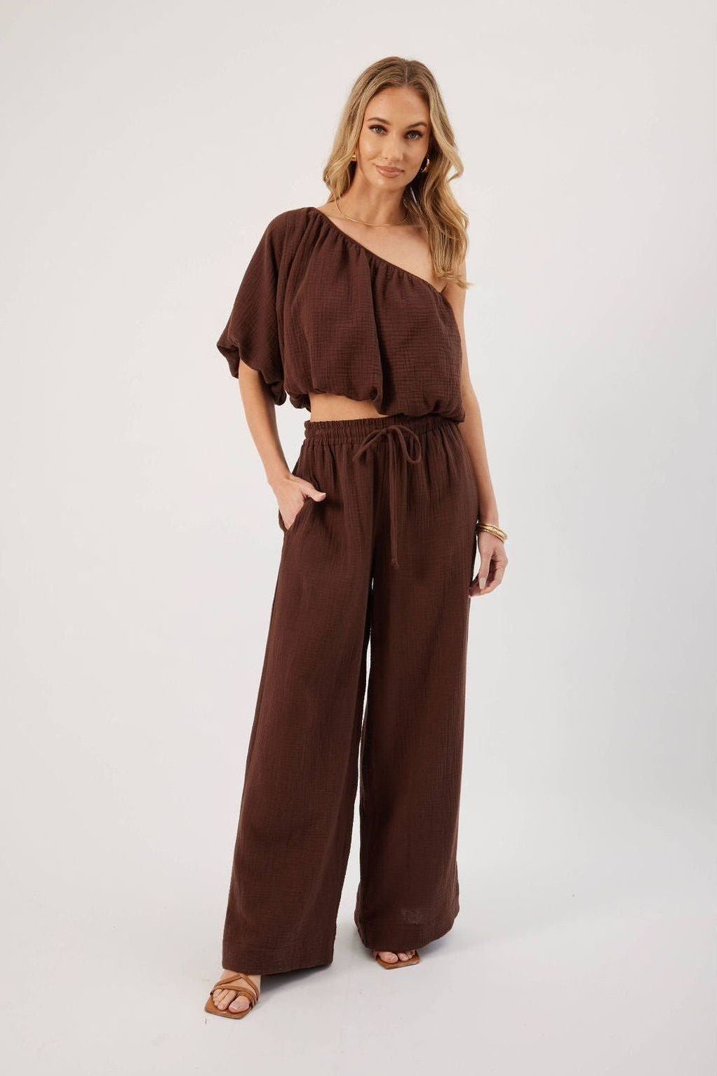 Lina Chocolate One Shoulder Top | Swank Boutique