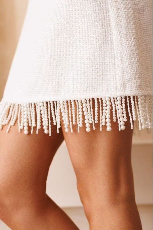 Pearl Fringe Ivory Tweed Mini Dress | Swank Boutique