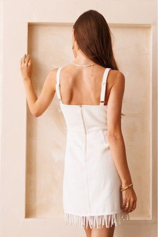 Pearl Fringe Ivory Tweed Mini Dress | Swank Boutique