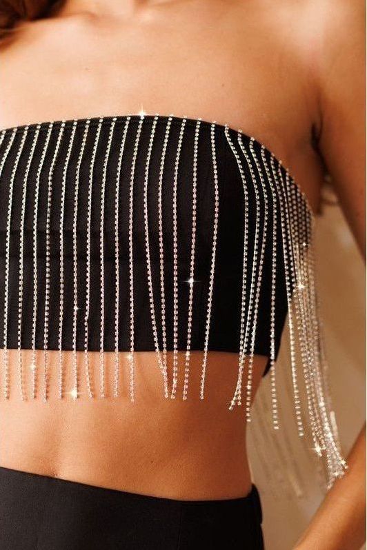 Black Diamond Metal Fringe Bandeau Top | Swank Boutique