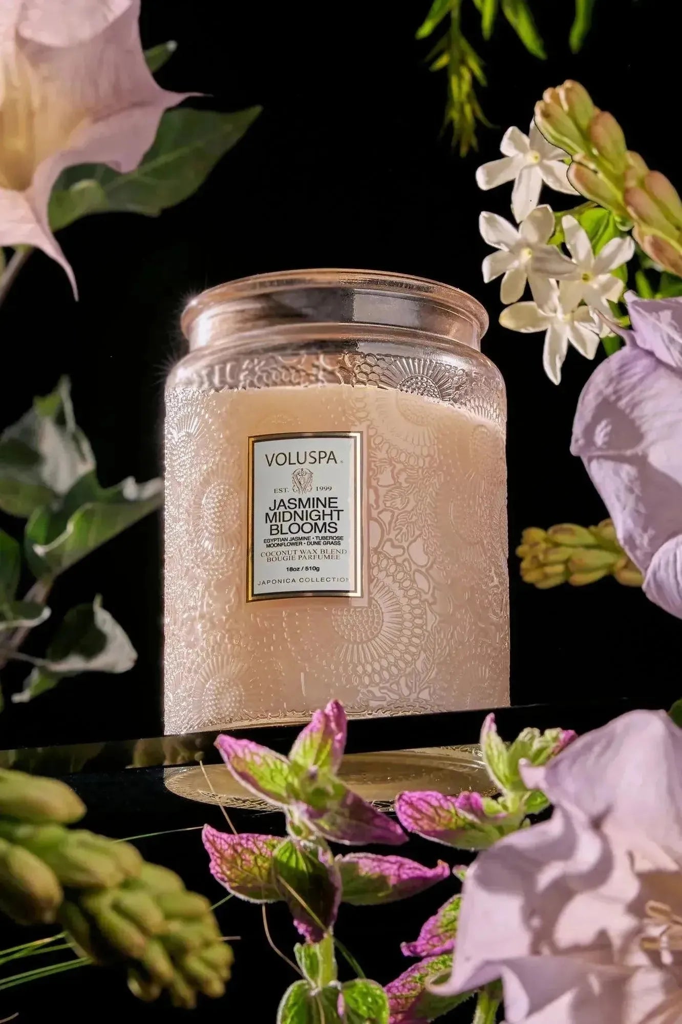 Large Embossed Glass Jar Candle - Jasmine Midnight Blooms | Swank Boutique