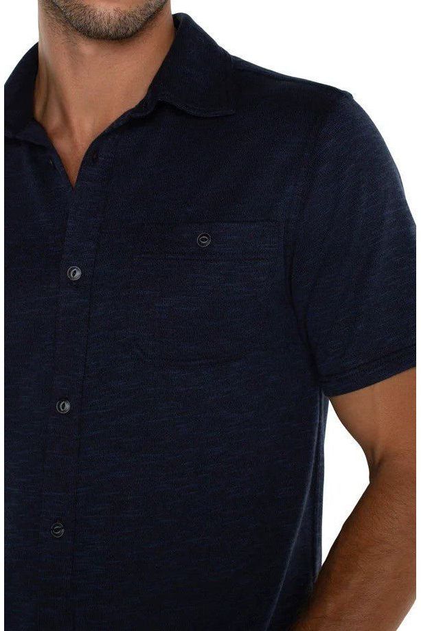 Button Up Short Sleeve Shirt - Navy/Multi-Blue | Swank Boutique