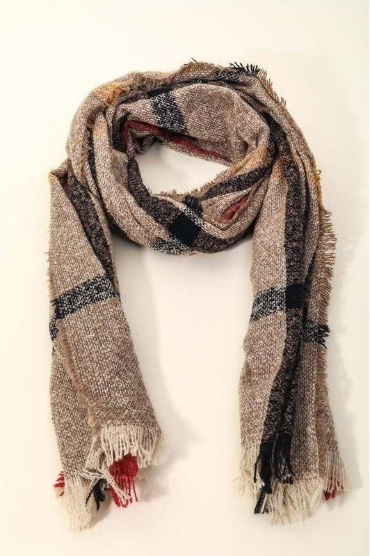 Plaid Frayed Hem Scarf- Brown | Swank Boutique