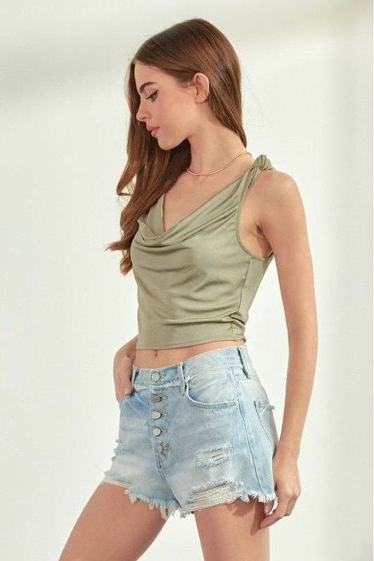 Light Wash Exposed Button Short | Swank Boutique
