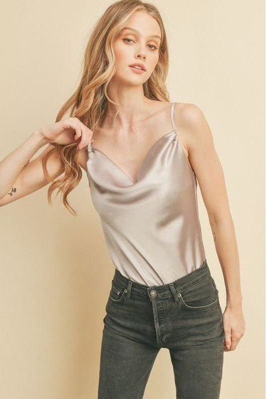 Satin Cowl Neck Bodysuit- Silver | Swank Boutique