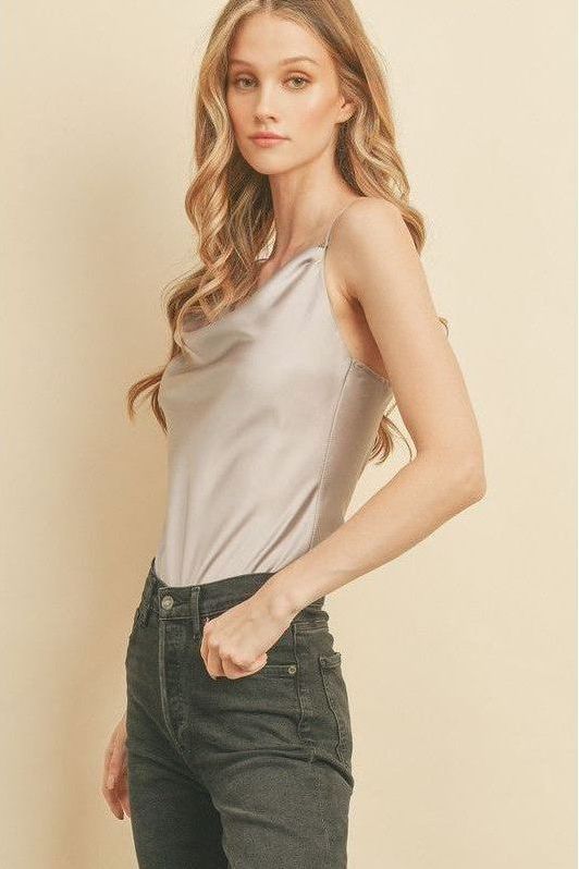 Satin Cowl Neck Bodysuit- Silver | Swank Boutique