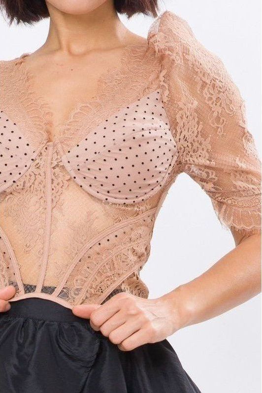 Lace Corset Balloon Sleeve Top - Mocha | Swank Boutique