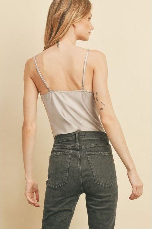 Satin Cowl Neck Bodysuit- Silver | Swank Boutique