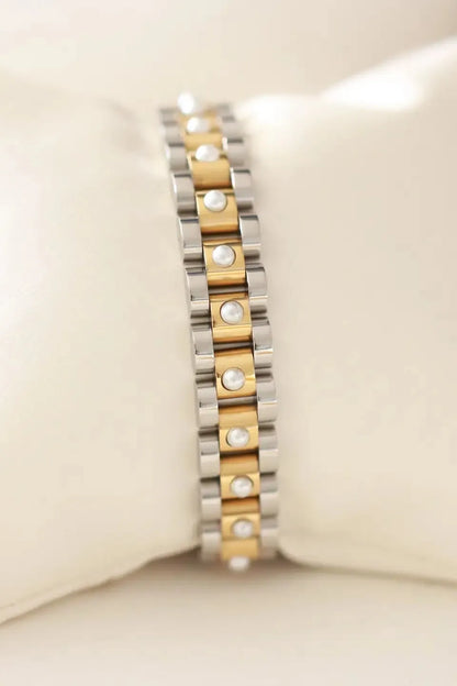 Mixed Metal Band Bracelet with Pearls | Swank Boutique