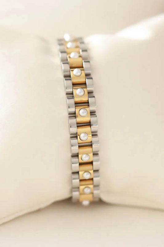 Mixed Metal Band Bracelet with Pearls | Swank Boutique
