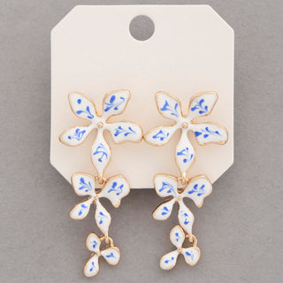 Triple Flower Dangle Earrings - Blue
