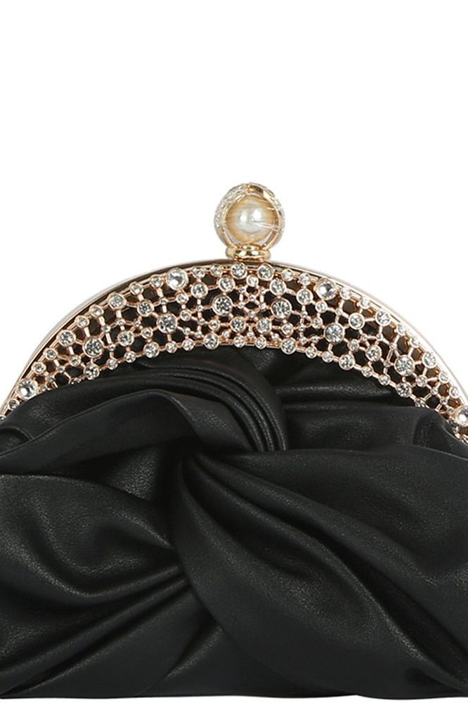 Rhinestone Pleated Twist Clutch - Black | Swank Boutique