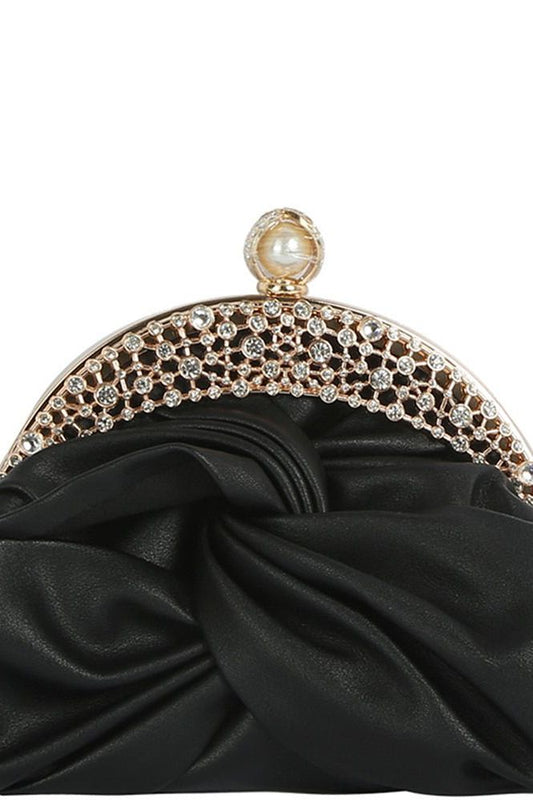 Rhinestone Pleated Twist Clutch - Black | Swank Boutique