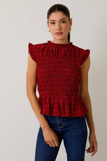 Sleeveless Ruffle Neck Smocked Top | Swank Boutique