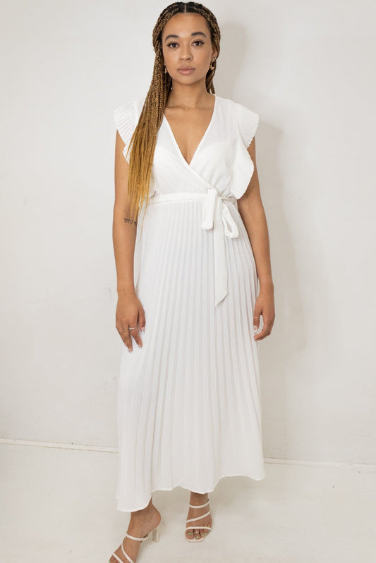 Ruffle Sleeve Pleated Dress - White