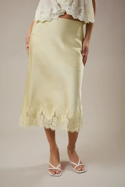Satin Lace Trim Midi Skirt | Swank Boutique