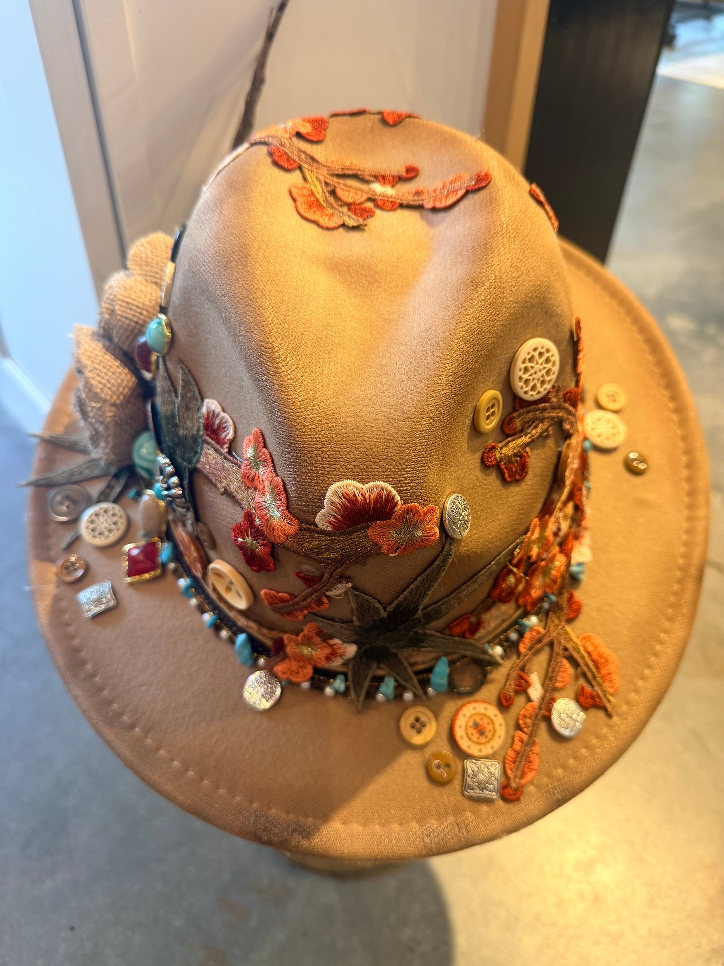 Embellished Hat - Beige Flowers | Swank Boutique