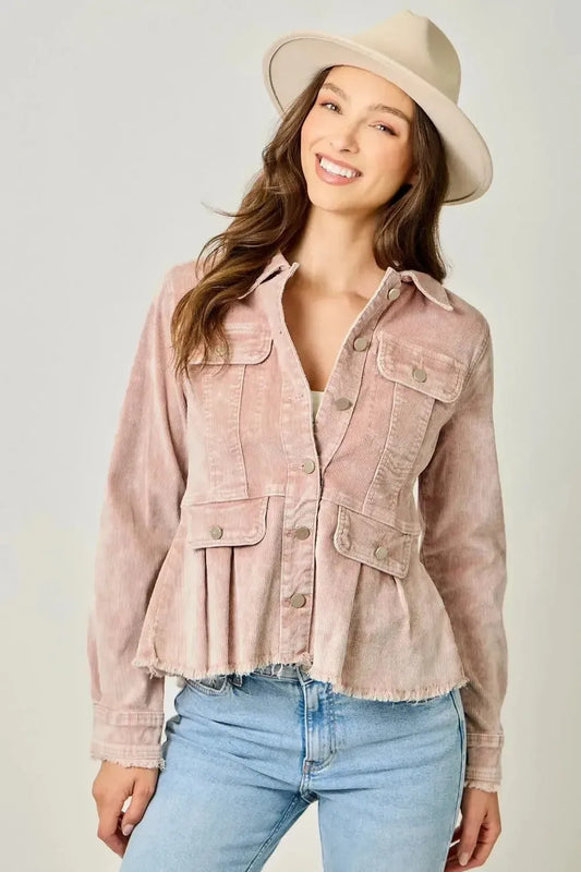 Washed Corduroy Peplum Jacket - Rose | Swank Boutique