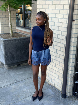 Mila Lace Hem Shorts - Blue