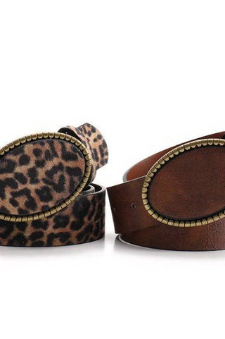 Western Oval Buckle Faux Leather & Leopard Belt | 40BT660 | Swank Boutique