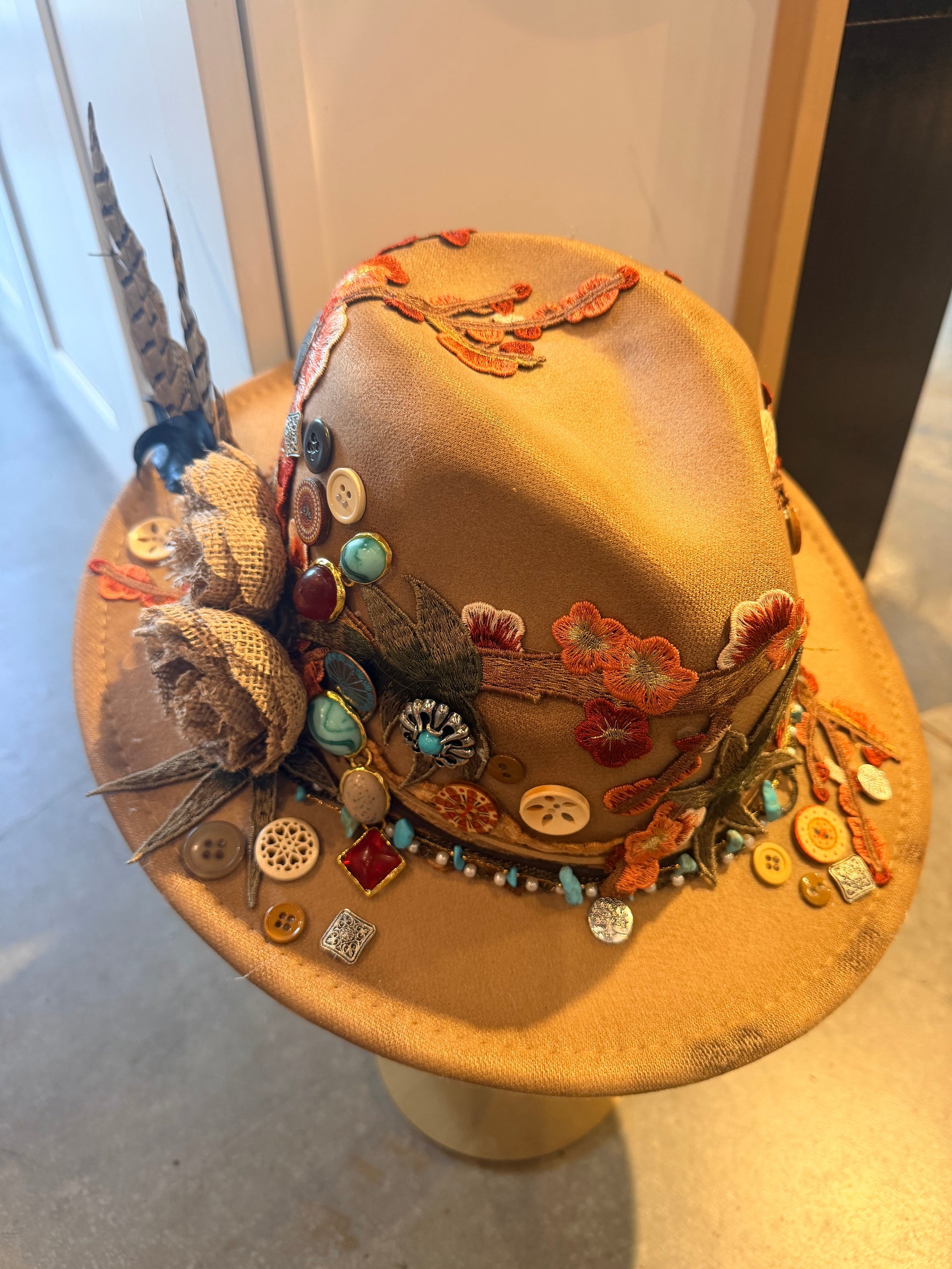 Embellished Hat - Beige Flowers | Swank Boutique