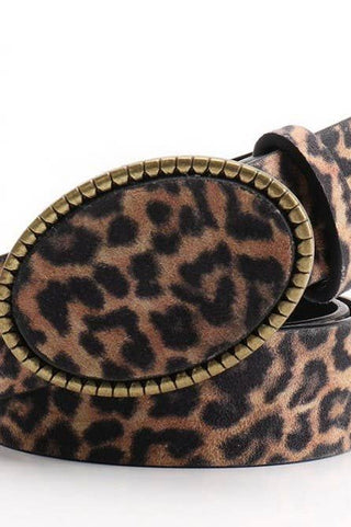 Western Oval Buckle Faux Leather & Leopard Belt | 40BT660 | Swank Boutique