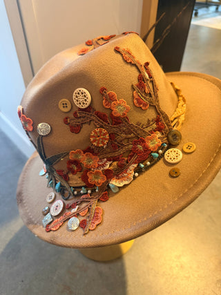 Embellished Hat - Beige Flowers | Swank Boutique
