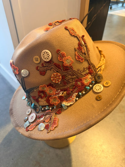 Embellished Hat - Beige Flowers | Swank Boutique