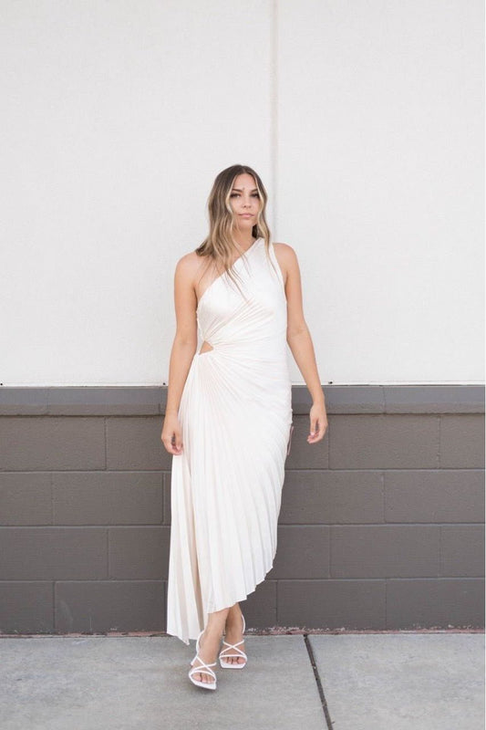 Olympia Asymmetrical Pleated Maxi Dress | Swank Boutique