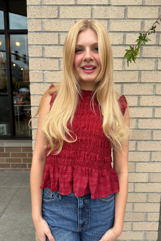 Sleeveless Ruffle Neck Smocked Top | Swank Boutique