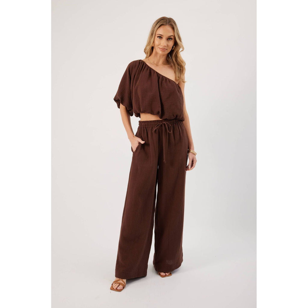 Lina Chocolate One Shoulder Top | Swank Boutique