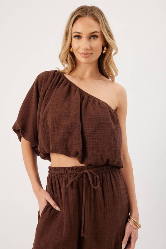 Lina Chocolate One Shoulder Top | Swank Boutique