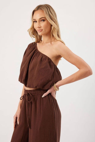 Lina Chocolate One Shoulder Top | Swank Boutique