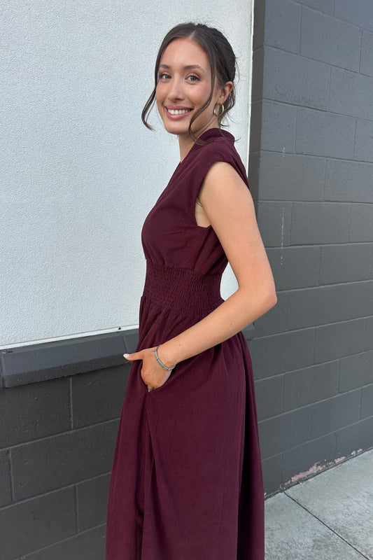 Annabelle Corduroy Dress - Wine | Swank Boutique