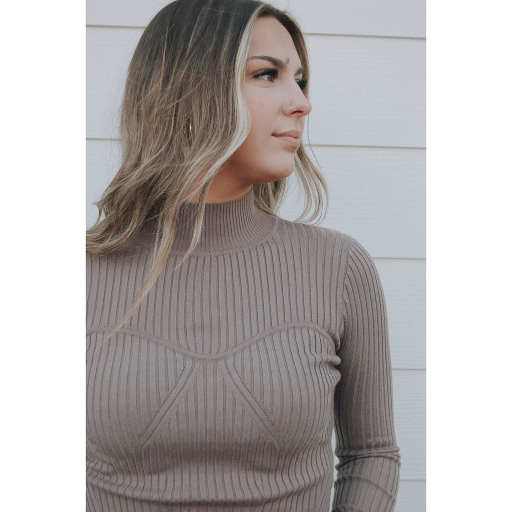 Stitched Corset Detail Ribbed Mock Neck Sweater - Grey | Swank Boutique