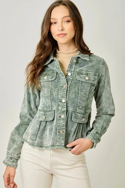 Washed Corduroy Peplum Jacket - Green | Swank Boutique