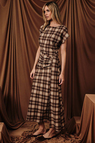 BOAT NECK WIDE SHOULDER PLEAT DETAIL MIDI DRESS | Swank Boutique