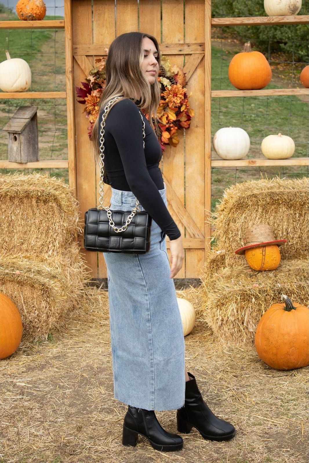 Woven Criss Cross Denim Long Skirt | Swank Boutique