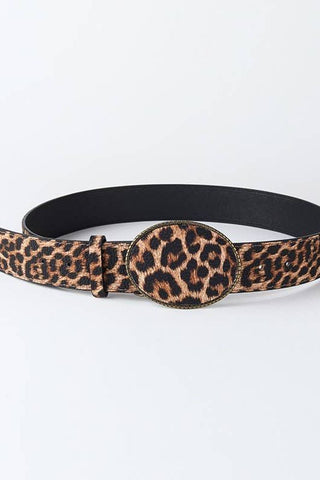 Western Oval Buckle Faux Leather & Leopard Belt | 40BT660 | Swank Boutique