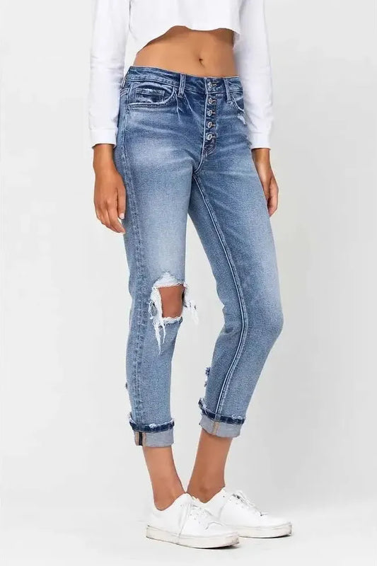 High Rise Button Fly Cuffed Boyfriend Jeans | Swank Boutique