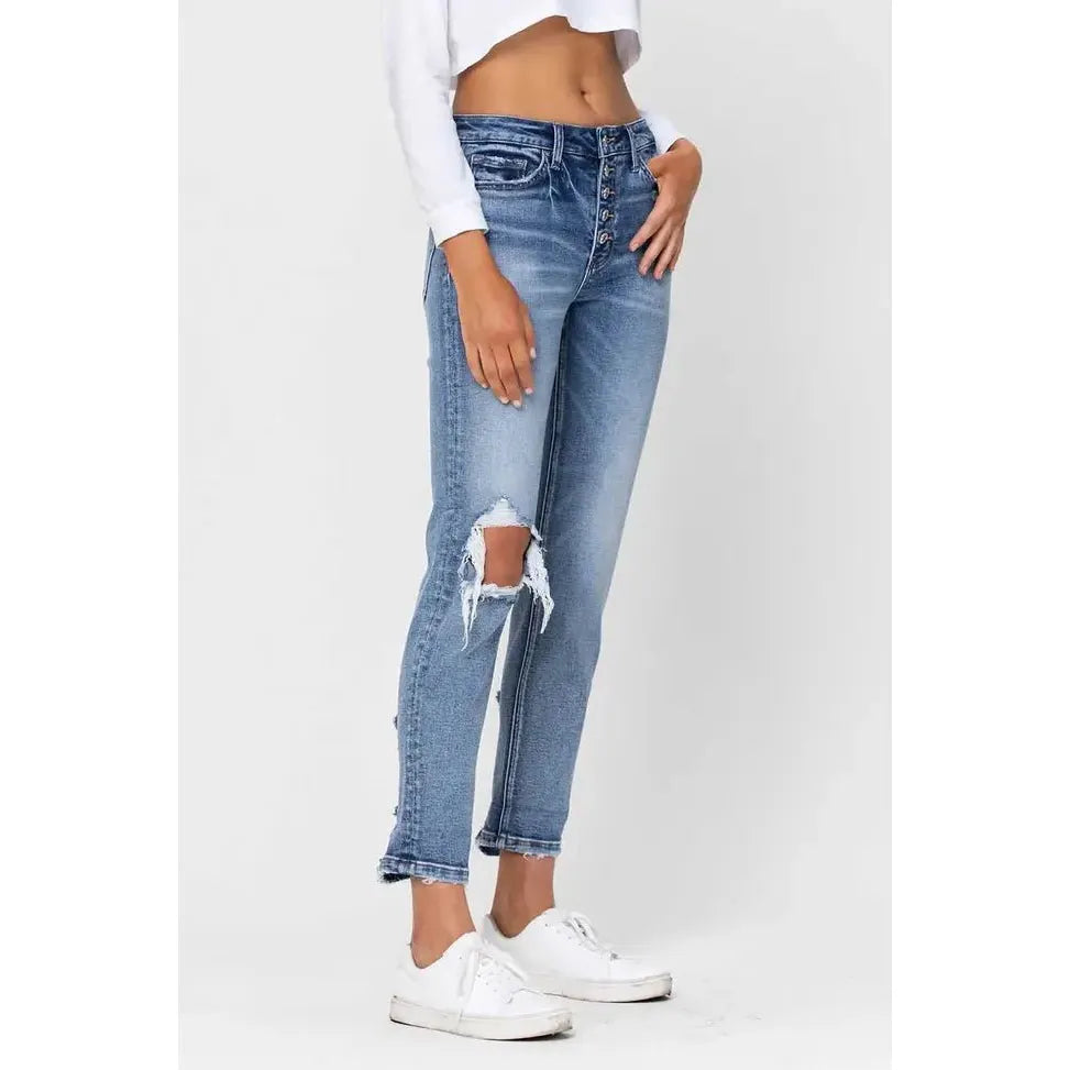 High Rise Button Fly Cuffed Boyfriend Jeans | Swank Boutique