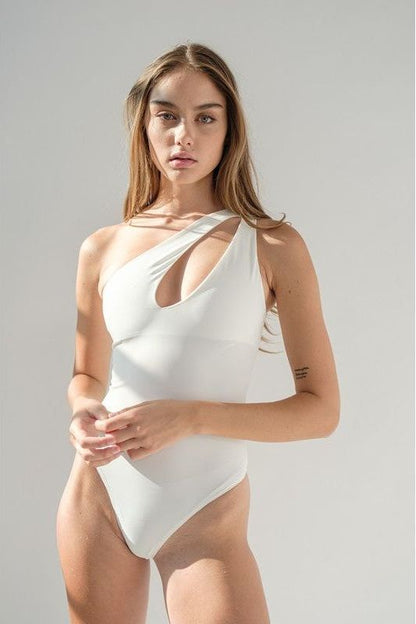 Carmen Asymmetric Cut-Out Bodysuit - White | Swank Boutique