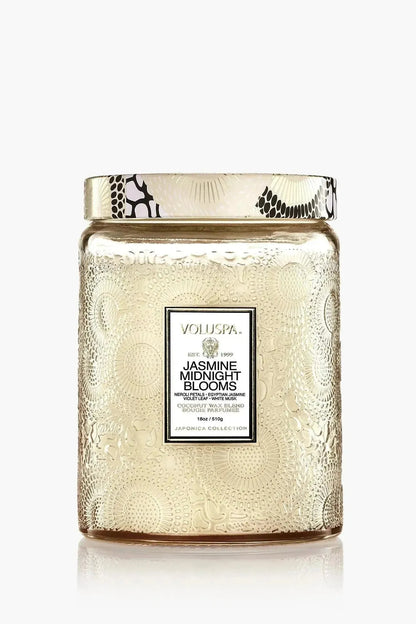 Large Embossed Glass Jar Candle - Jasmine Midnight Blooms | Swank Boutique