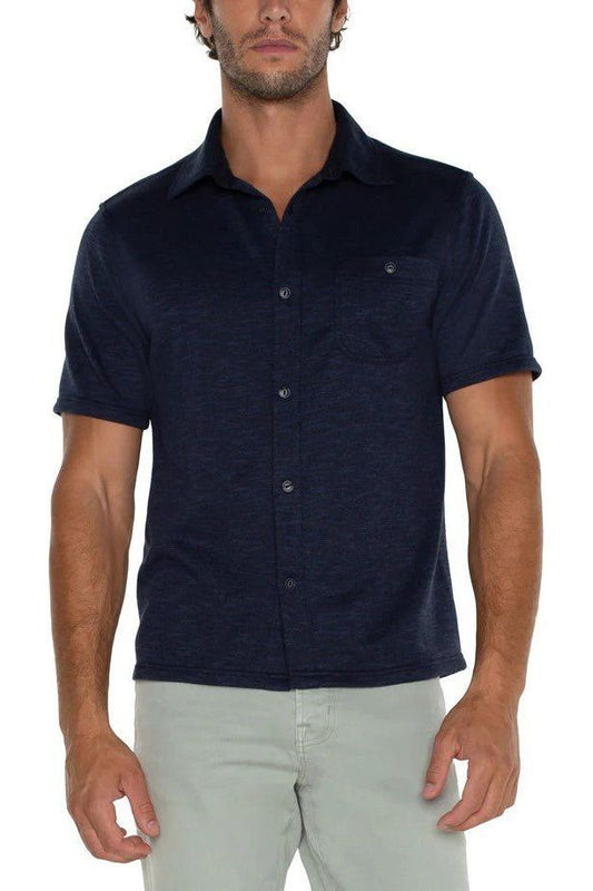 Button Up Short Sleeve Shirt - Navy/Multi-Blue | Swank Boutique