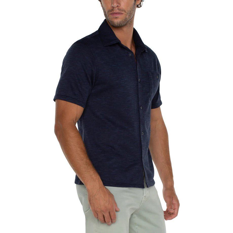 Button Up Short Sleeve Shirt - Navy/Multi-Blue | Swank Boutique